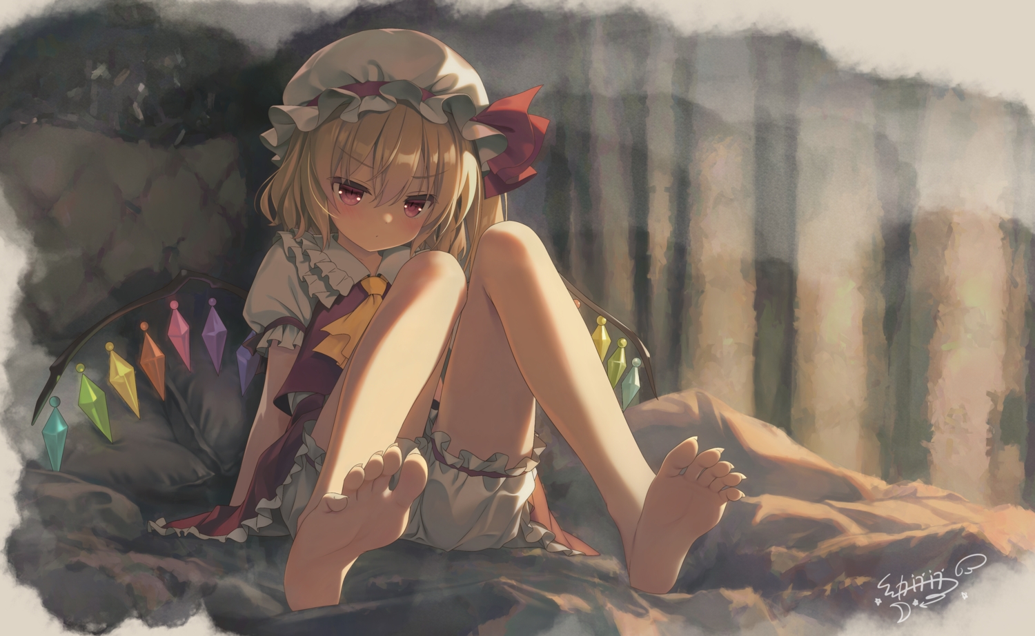 barefoot, blonde_hair, bloomers, blush, dress, flandre_scarlet, hat, loli