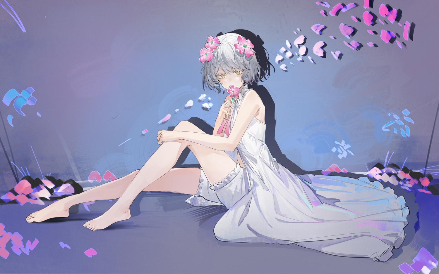 barefoot, bloomers, dress, flantia, flowers, gray_hair, kudou_chitose, nijisanji