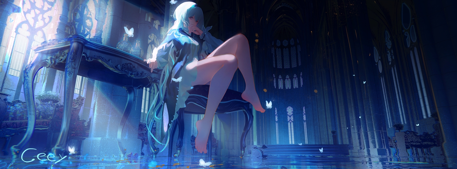 3d, barefoot, blue, butterfly, ceey, dress, firefly_(honkai:_star_rail), gray_hair, headband, honkai_(series), honkai:_star_rail, long_hair, purple_eyes, reflection, signed