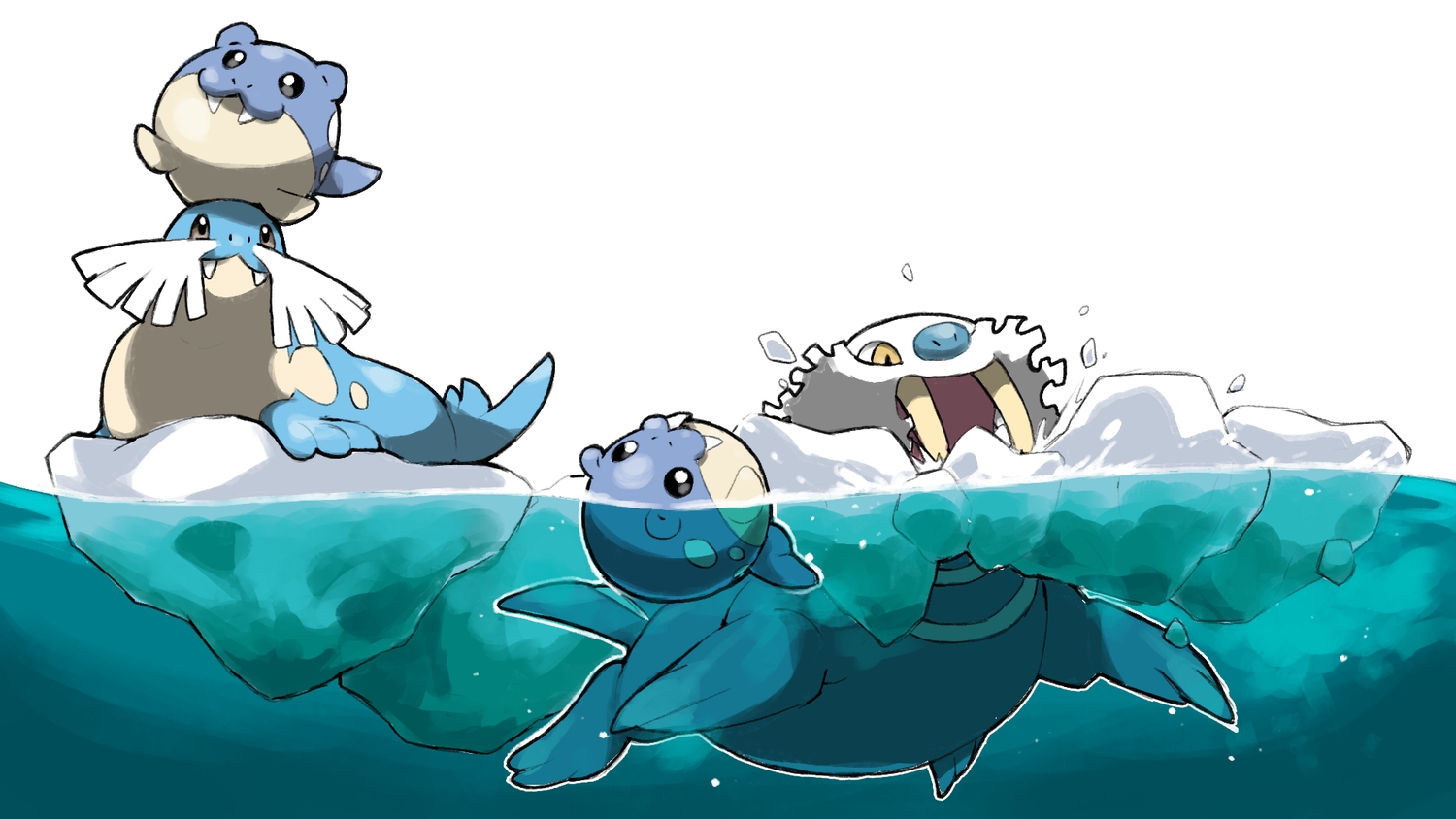 black_eyes, blacknirrow, brown_eyes, cat_smile, fang, group, no_humans, pokemon