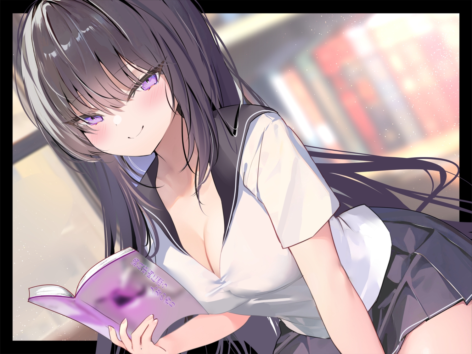 black_hair, book, breasts, cleavage, close, long_hair, original, pon_(ponidrop)