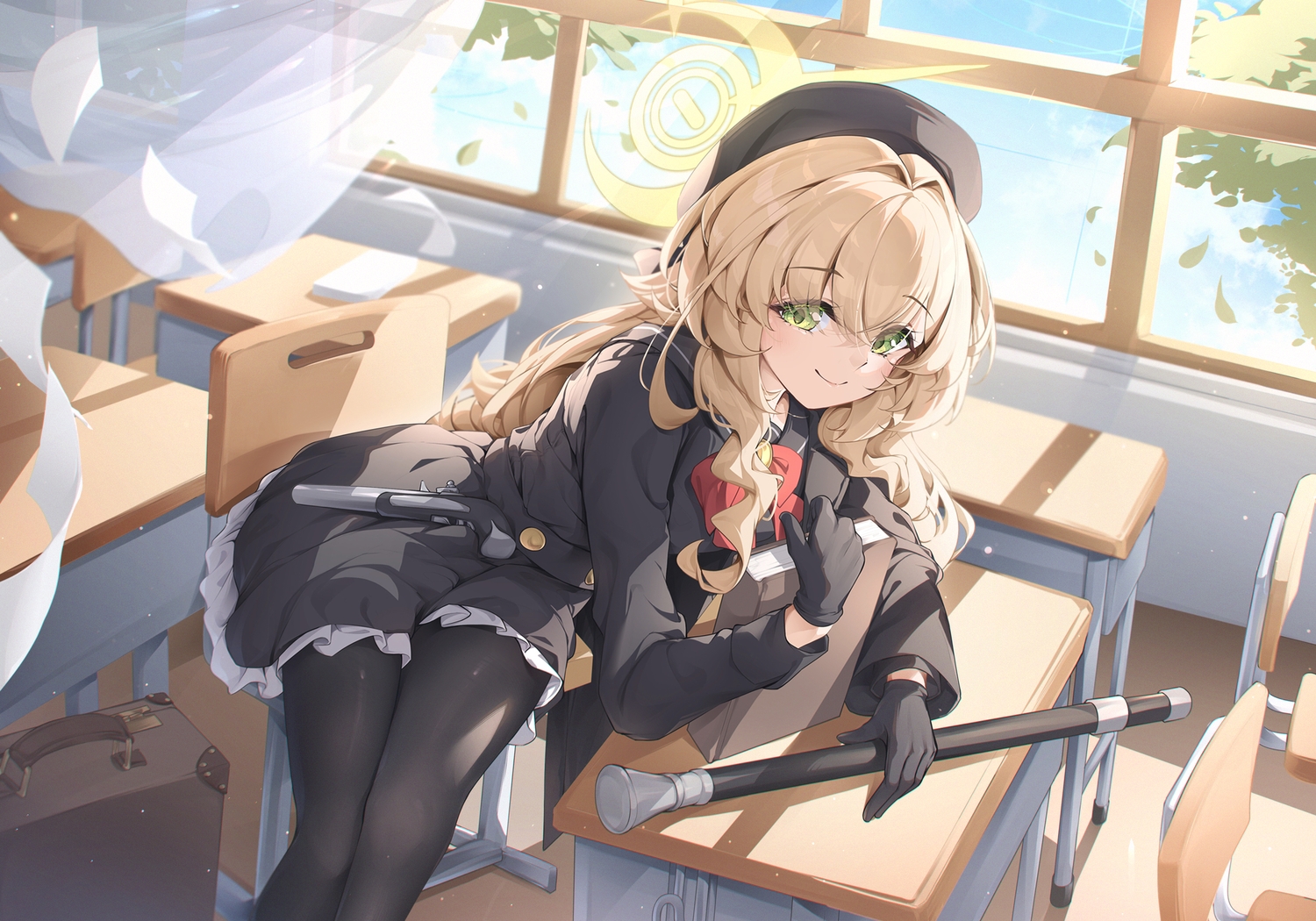 blonde_hair, blue_archive, blush, book, bow, clouds, gloves, green_eyes, gun, halo, hat, leaves, long_hair, norimori, pantyhose, paper, professor_niyaniya_(blue_archive), school_uniform, shirt, skirt, sky, weapon
