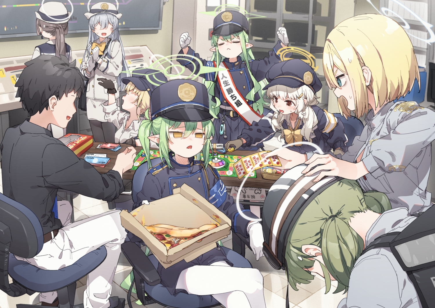 black_hair, blonde_hair, blue_archive, blue_eyes, bow, brown_hair, computer, food