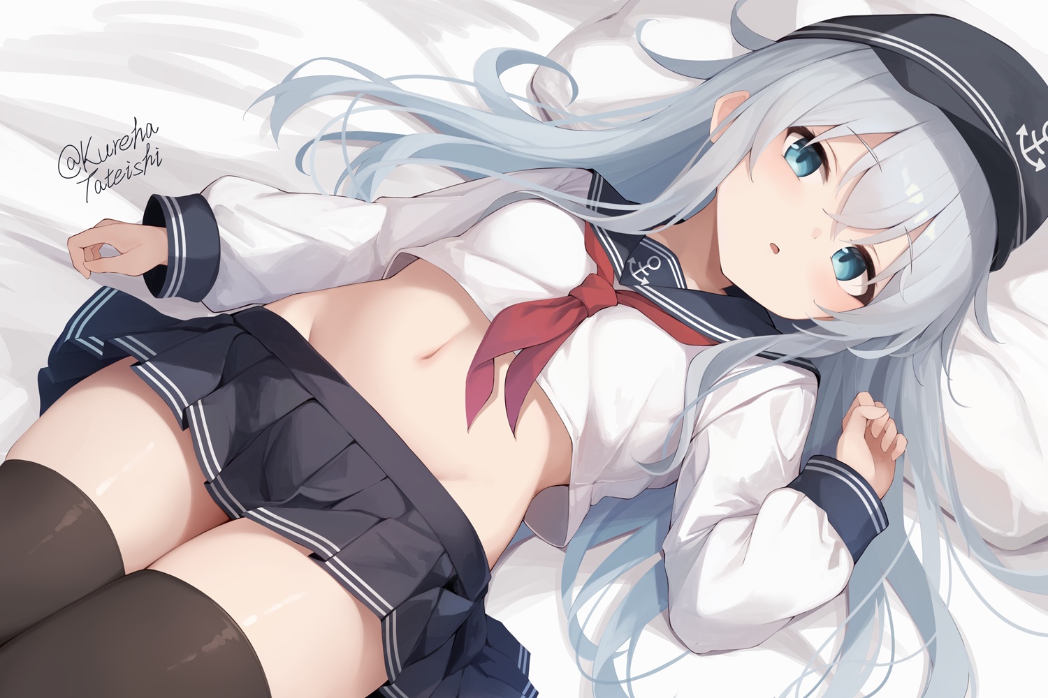 anthropomorphism, aqua_eyes, bed, gray_hair, hat, hibiki_(kancolle), kantai_collection, loli