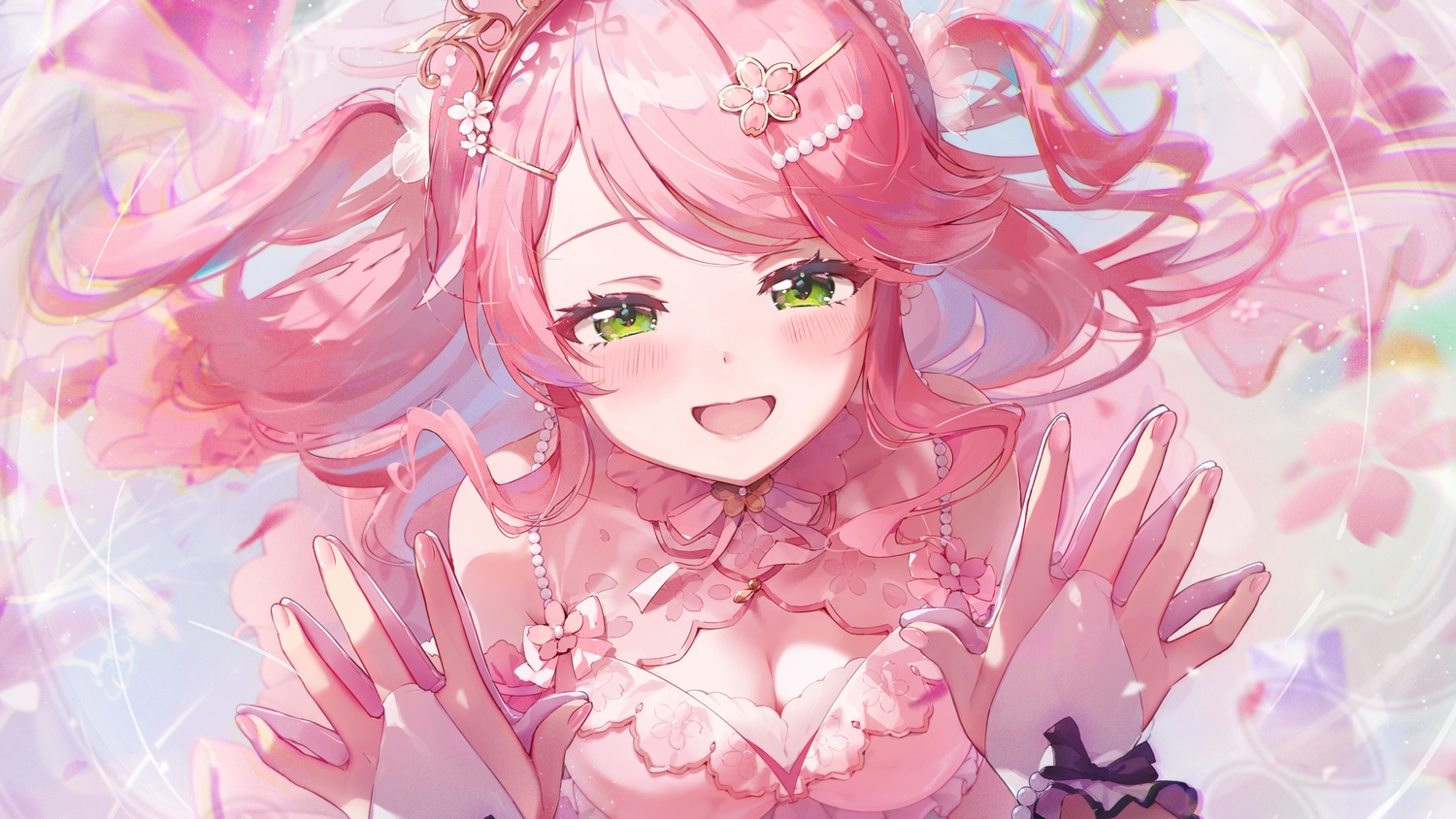 blush, bow, breasts, cleavage, close, gloves, green_eyes, hololive, long_hair, mochidart, pink_hair, sakura_miko, tiara, twintails