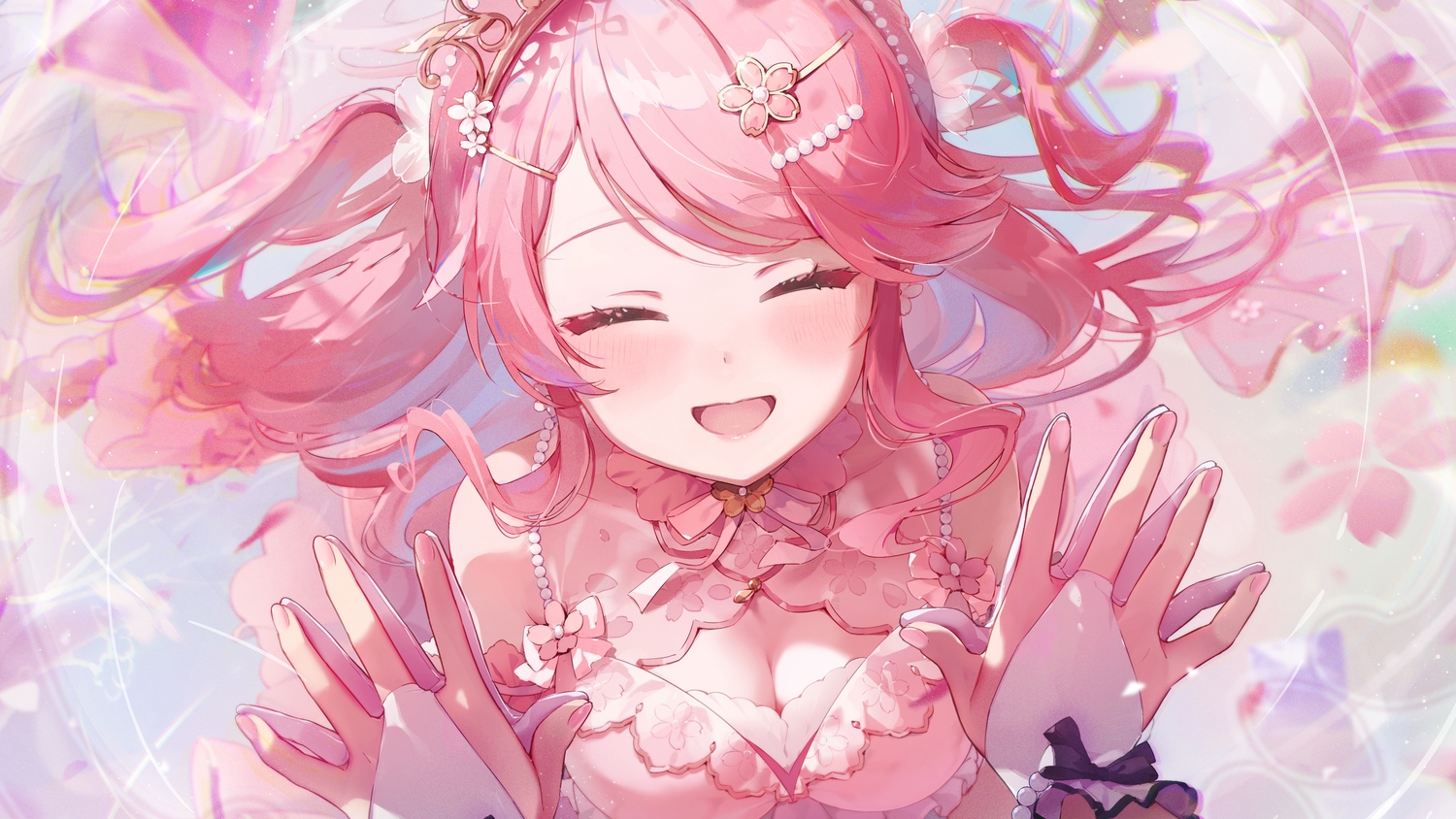 blush, bow, breasts, cleavage, close, gloves, hololive, long_hair, mochidart, pink_hair, sakura_miko, tiara, twintails