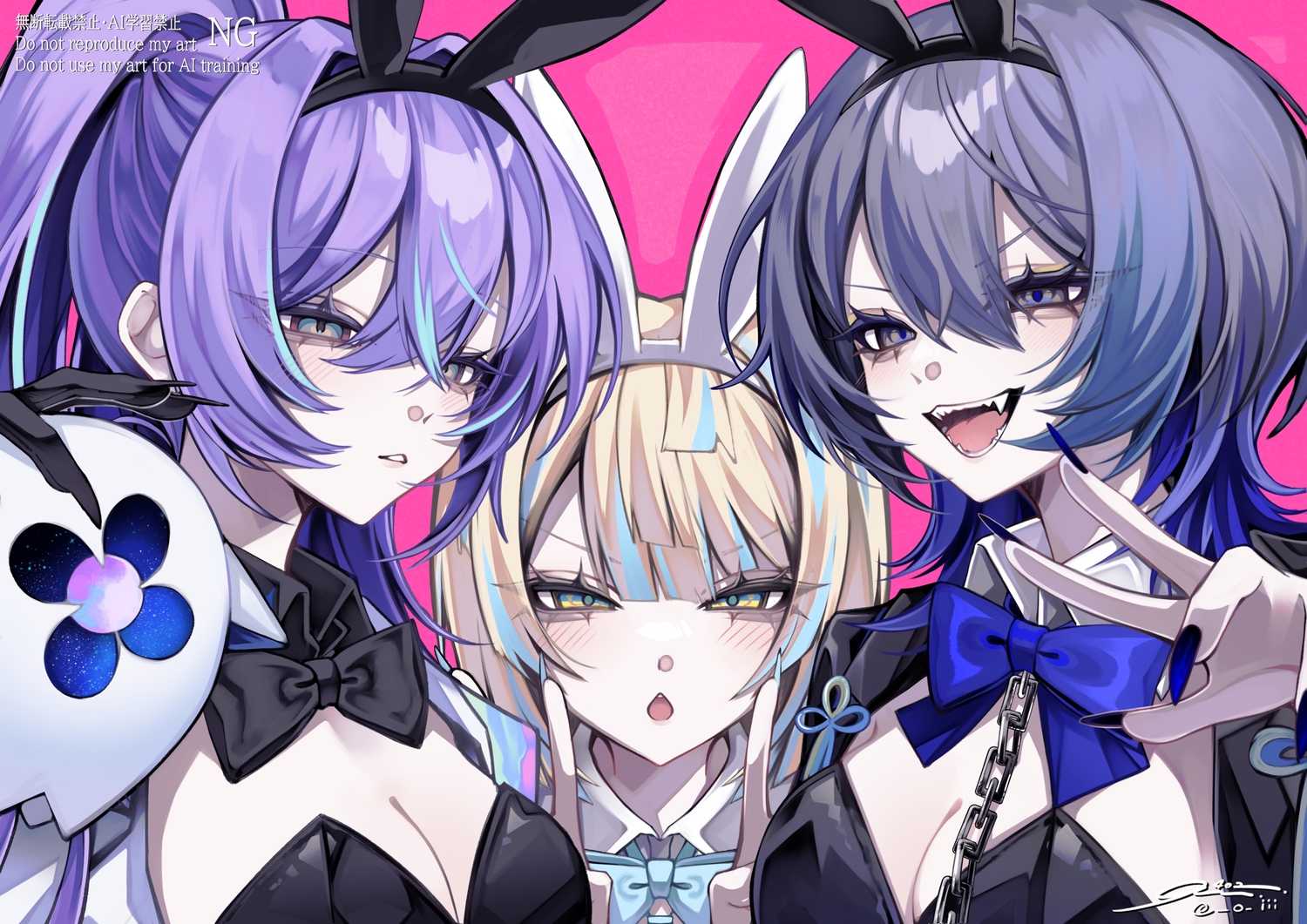402., animal_ears, black_eyes, black_hair, blonde_hair, blush, bow, bunny_ears, bunnygirl, cat_smile, chain, close, fang, genderswap, headband, hibachi_mana, hoshirube_sho, koyanagi_rou, leotard, long_hair, nijisanji, ponytail, purple_hair, signed, watermark, yellow_eyes
