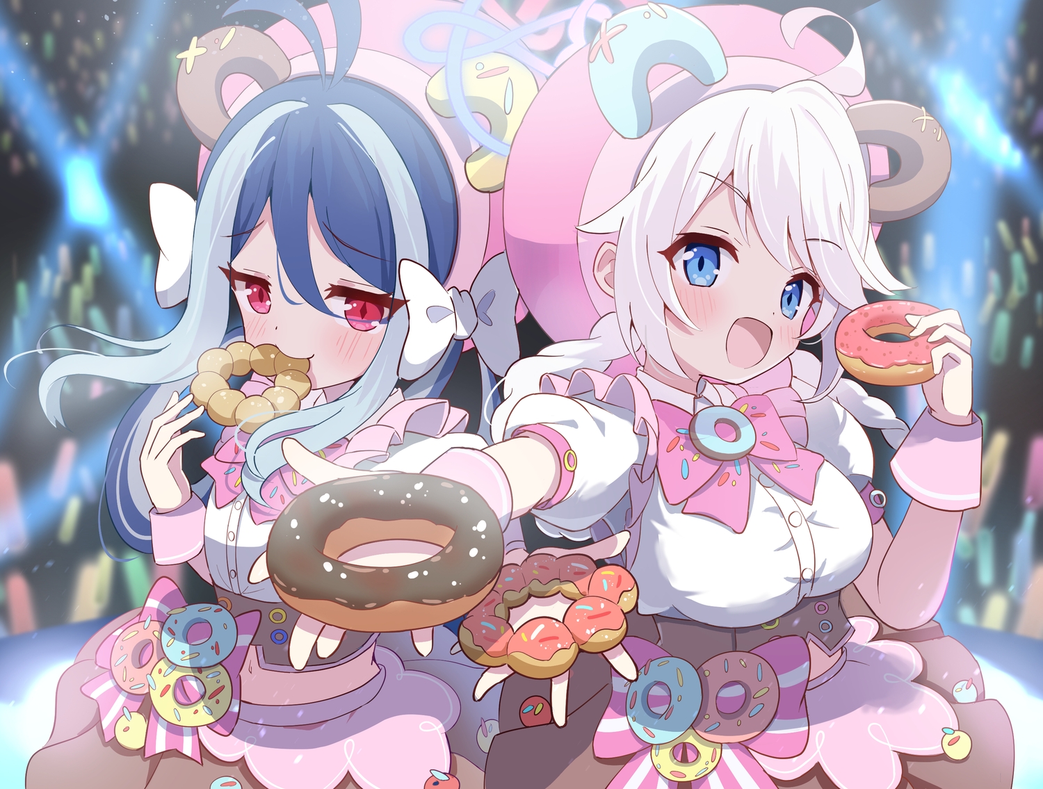2girls, blue_archive, blue_eyes, blue_hair, blush, bow, braids, flat_chest