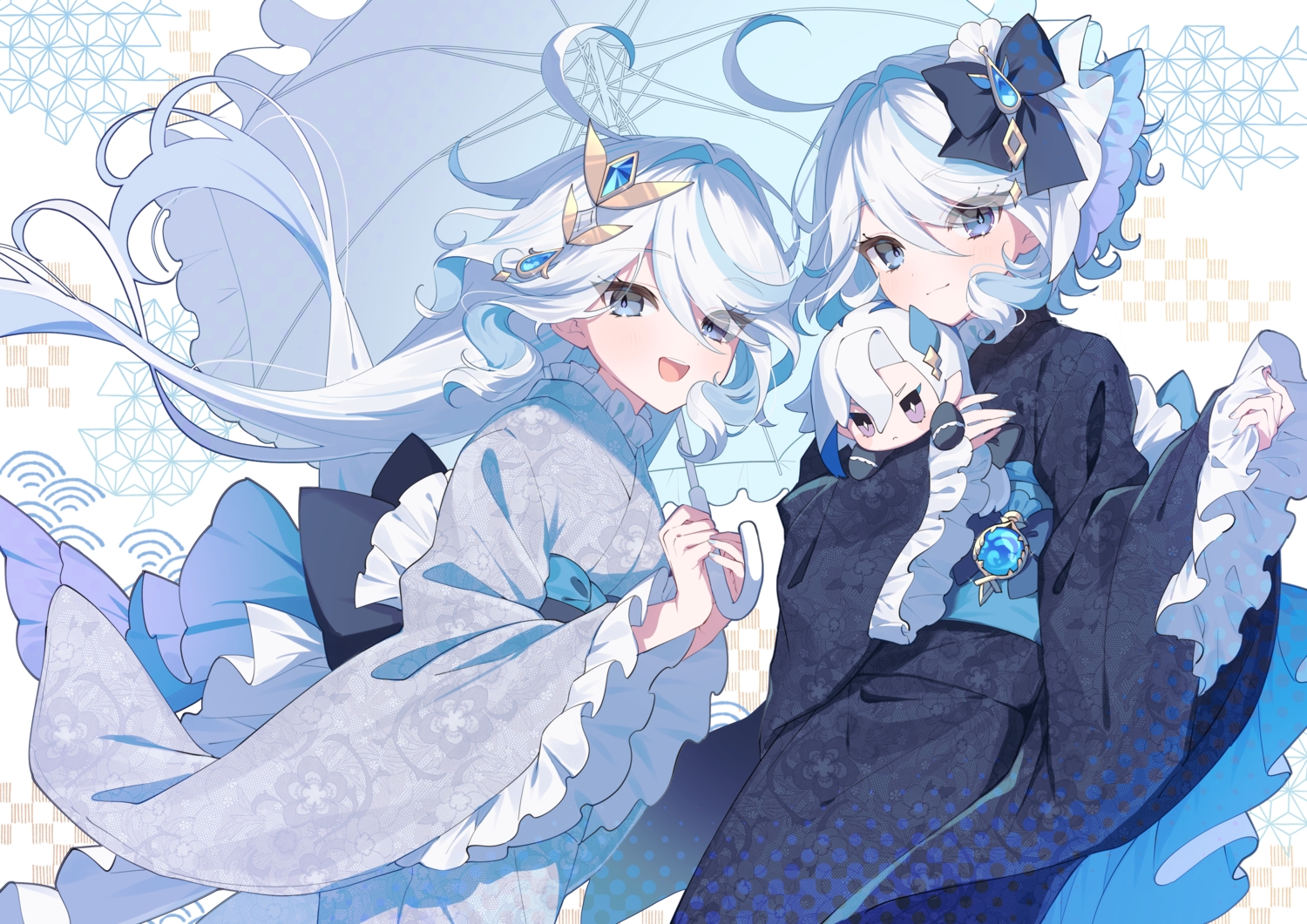 2girls, blue_eyes, blush, bow, doll, focalors_(genshin_impact), furina_(genshin_impact), genshin_impact, japanese_clothes, kimono, long_hair, mochizuki_mochi, neuvillette_(genshin_impact), short_hair, umbrella, white_hair