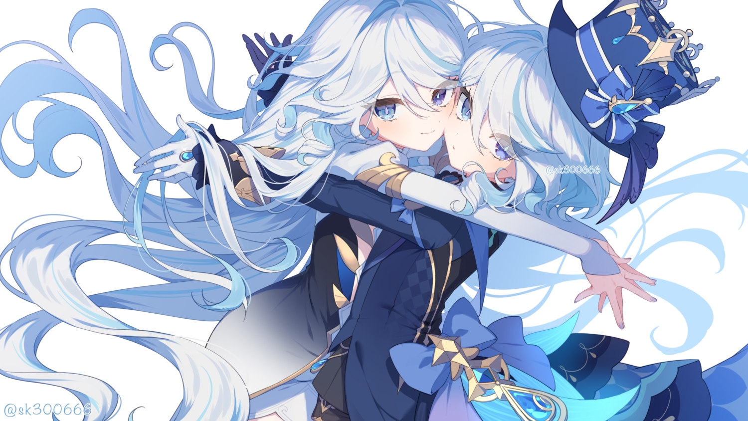 2girls, bicolored_eyes, bow, focalors_(genshin_impact), furina_(genshin_impact), genshin_impact, gloves, hat