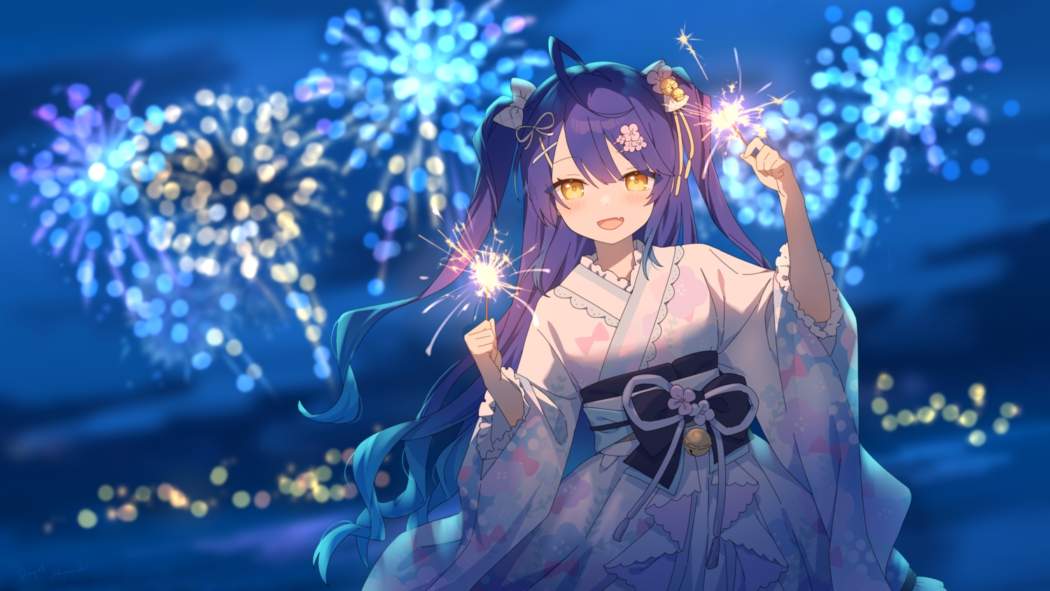 amamiya_kokoro, bell, blush, bow, fang, fireworks, japanese_clothes, lolita_fashion