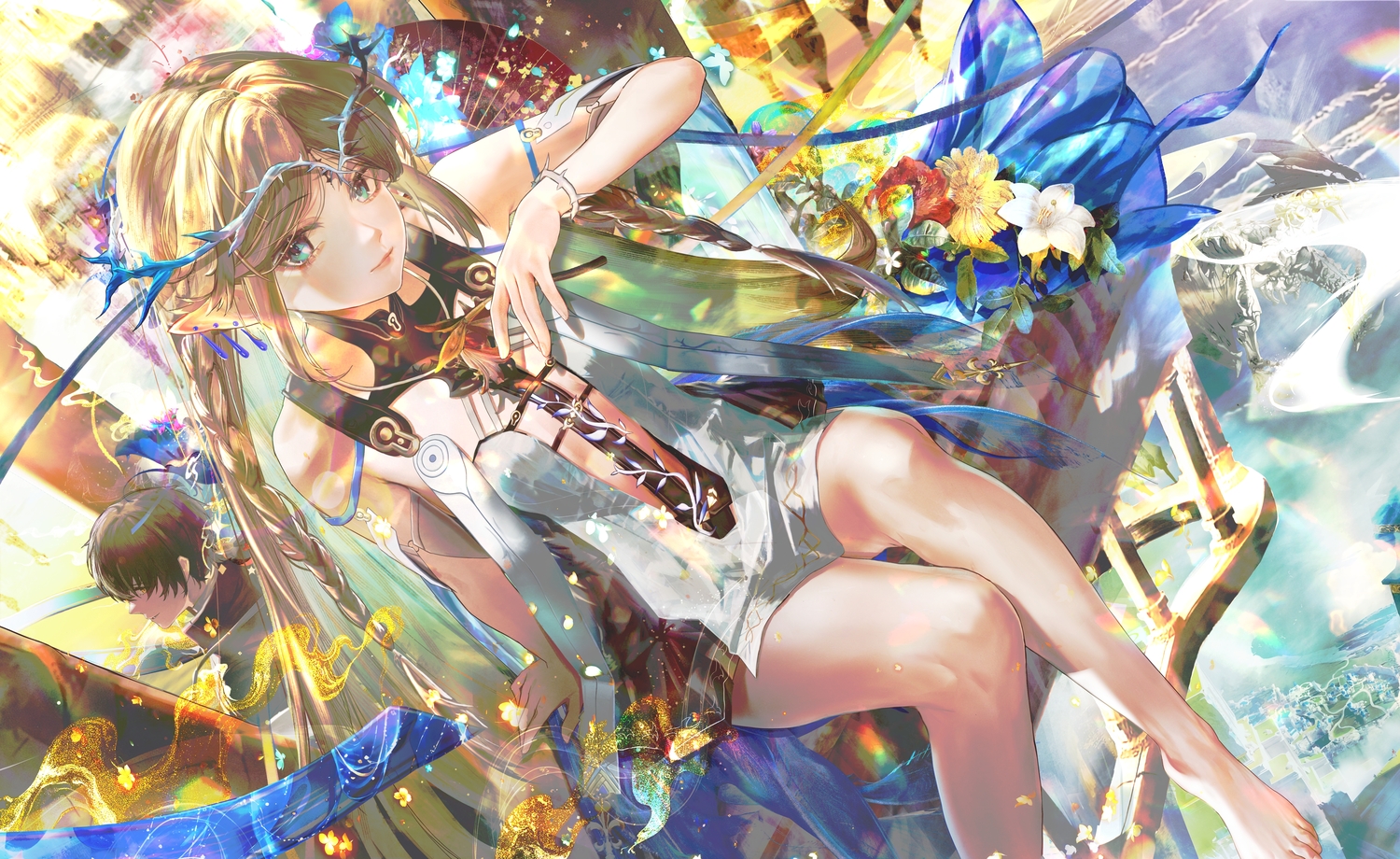 aqua_eyes, barefoot, black_hair, blonde_hair, braids, cartethyia_(wuthering_waves), dress, flowers