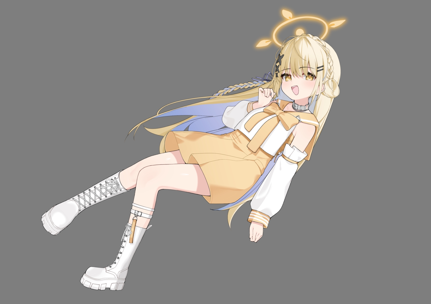 blonde_hair, boots, bow, braids, collar, garter, halo, long_hair