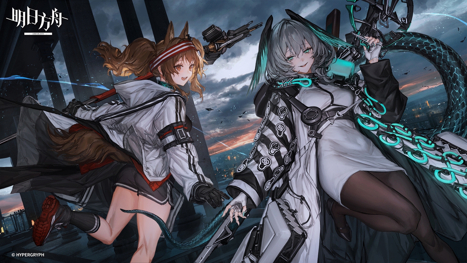 2girls, angelina_(arknights), aqua_eyes, arknights, ass, brown_hair, choker, clouds