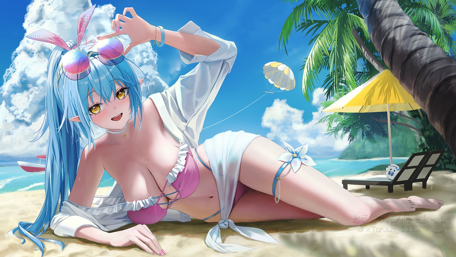 barefoot, beach, bikini, blue_hair, boat, breasts, choker, cleavage, clouds, garter, hololive, long_hair, open_shirt, pointed_ears, ponytail, sky, sunglasses, swimsuit, torjun_111, tree, umbrella, water, watermark, wristwear, yellow_eyes, yukihana_lamy
