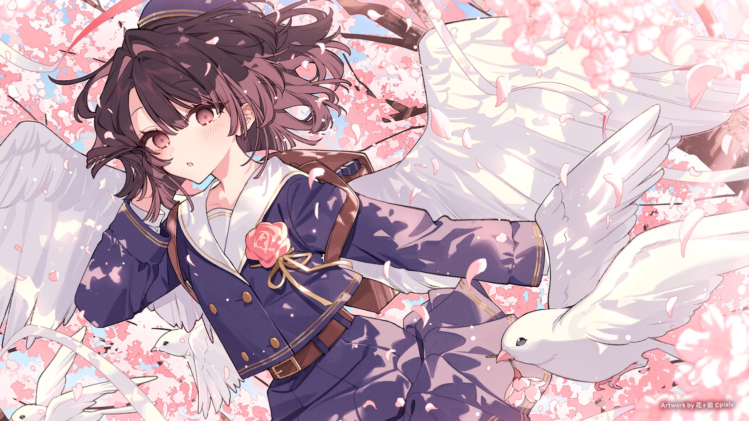 angel, animal, bird, blush, brown_eyes, brown_hair, cherry_blossoms, flowers