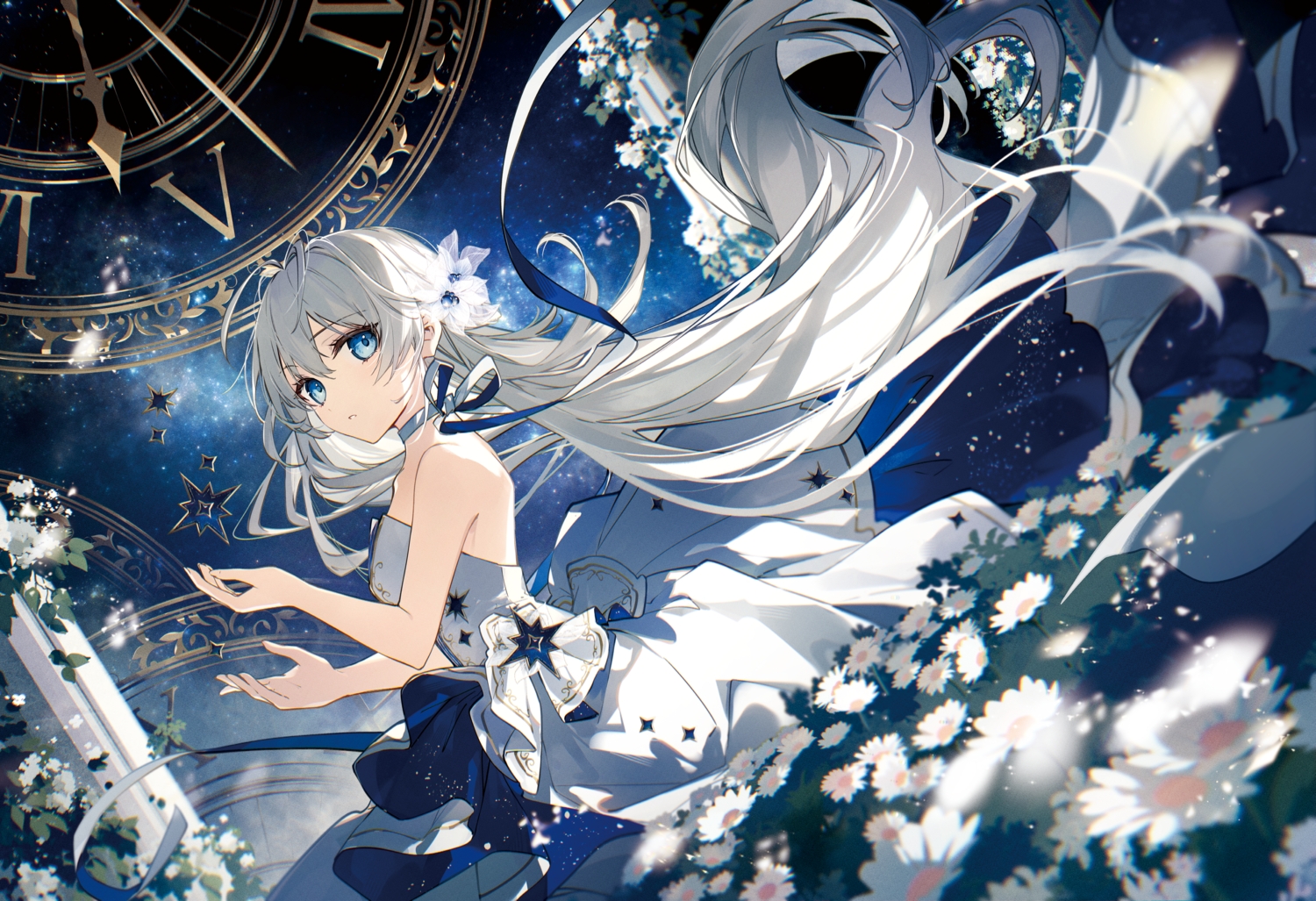 blue_eyes, bow, choker, dress, flowers, long_hair, mochizuki_shiina, original, ribbons, scan, space, stars, white_hair