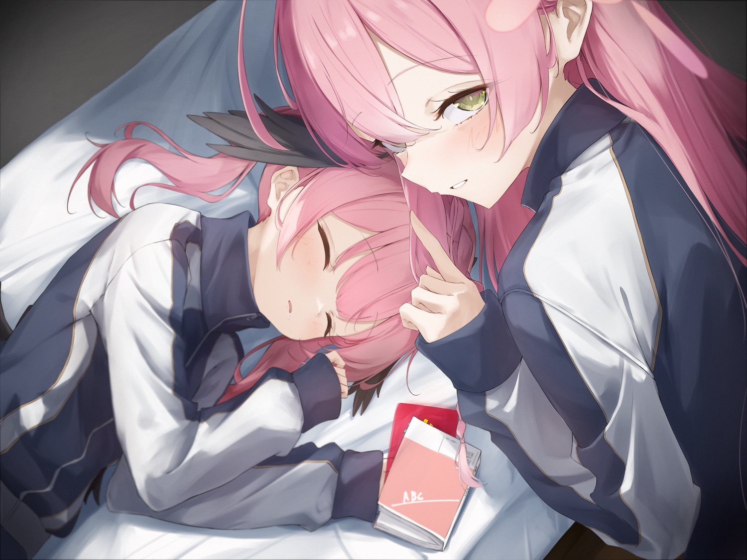 2girls, blue_archive, blush, book, close, green_eyes, haamon_(harmon), halo