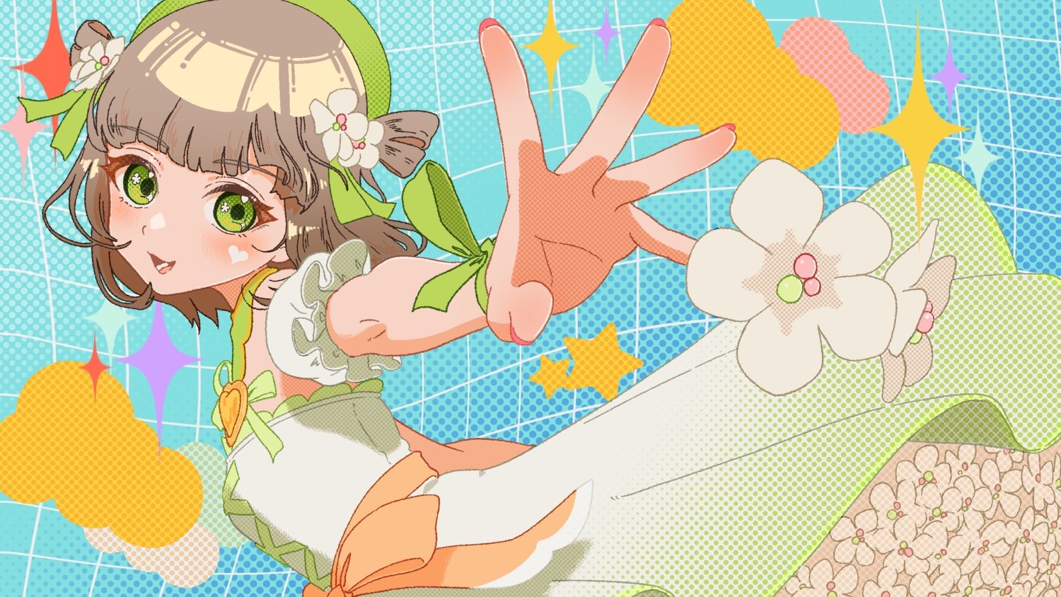 blush, bow, brown_hair, close, dress, flowers, green_eyes, hat, kanon_mei, nuwara_eliya, ribbons, short_hair, wristwear