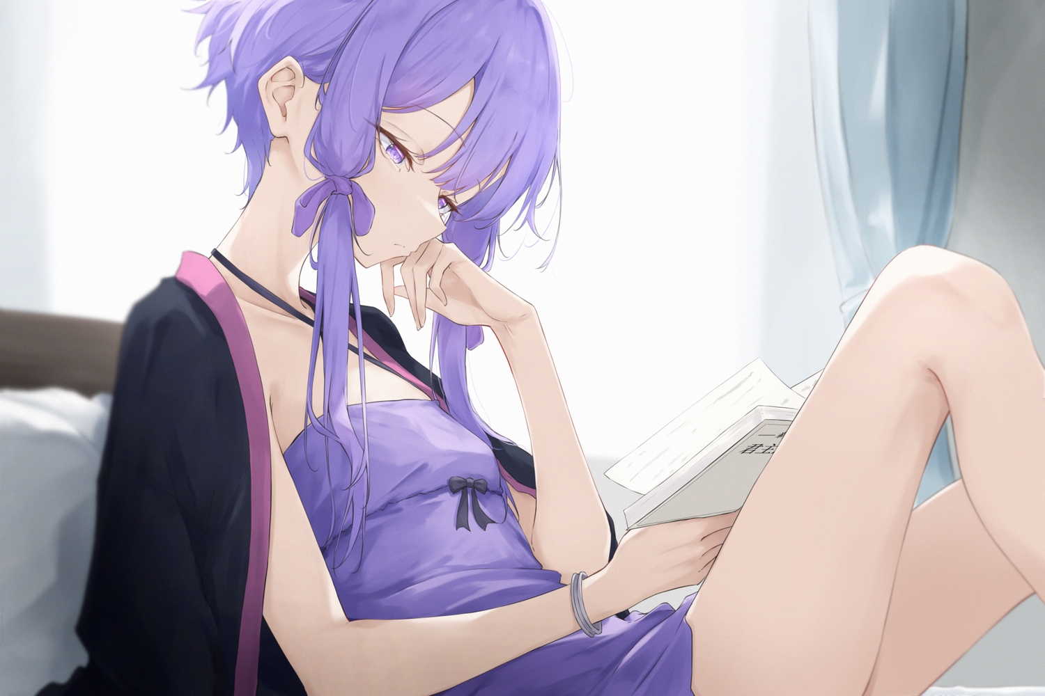 bed, book, bow, cape, dress, flat_chest, haamon_(harmon), purple_eyes