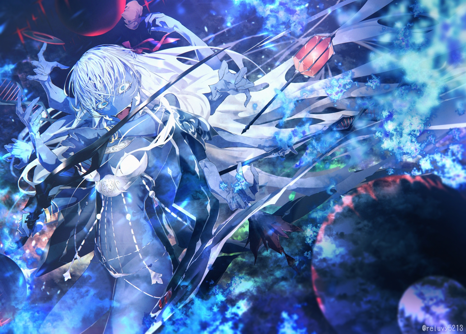 armor, bikini, blue_eyes, breasts, cleavage, fang, fate/grand_order, fate_(series), fire, kali_(fate), long_hair, magic, navel, necklace, reluvy, swimsuit, sword, watermark, weapon, white_hair, wristwear
