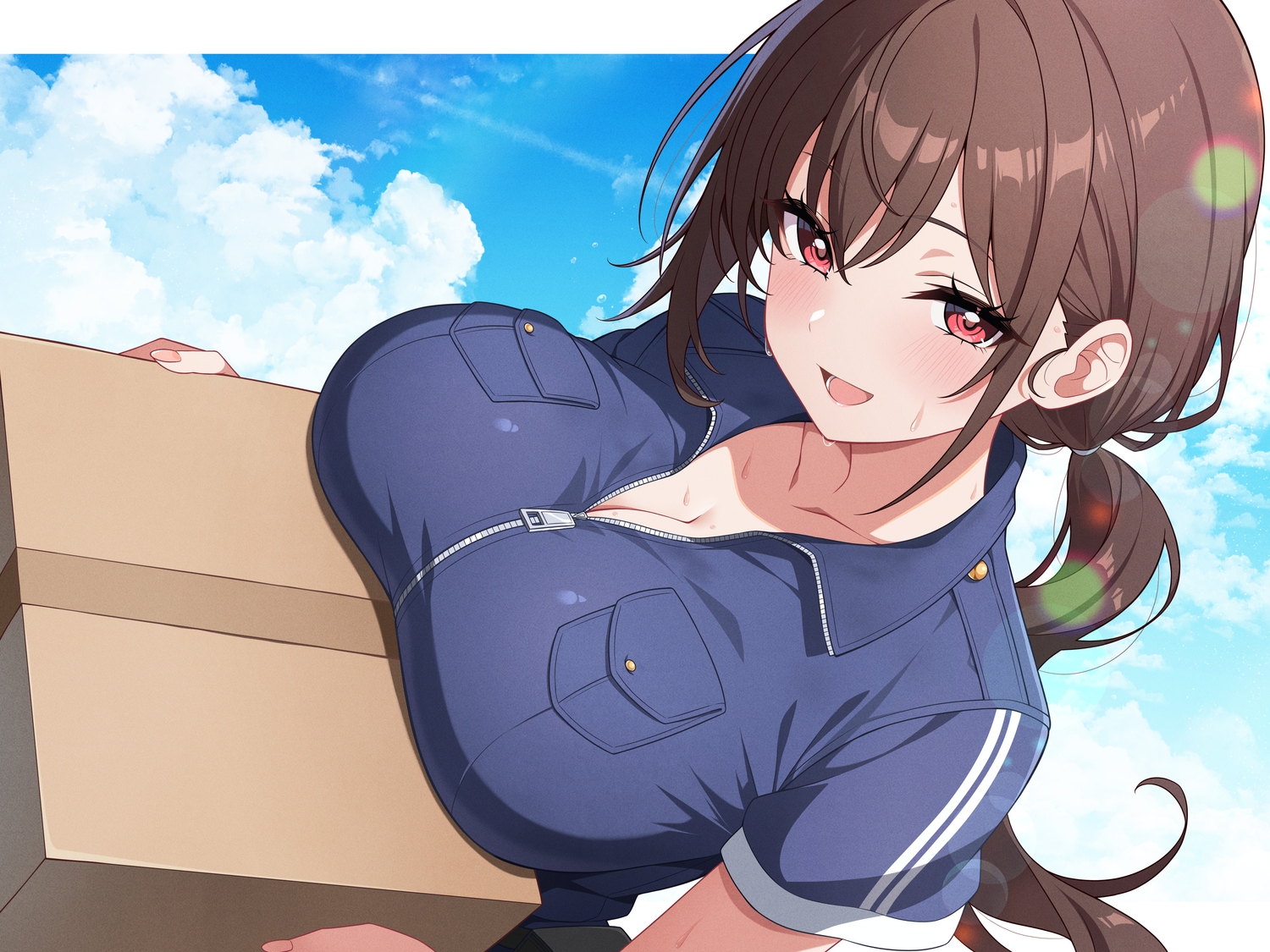 breasts, brown_hair, cleavage, close, clouds, long_hair, original, ponytail