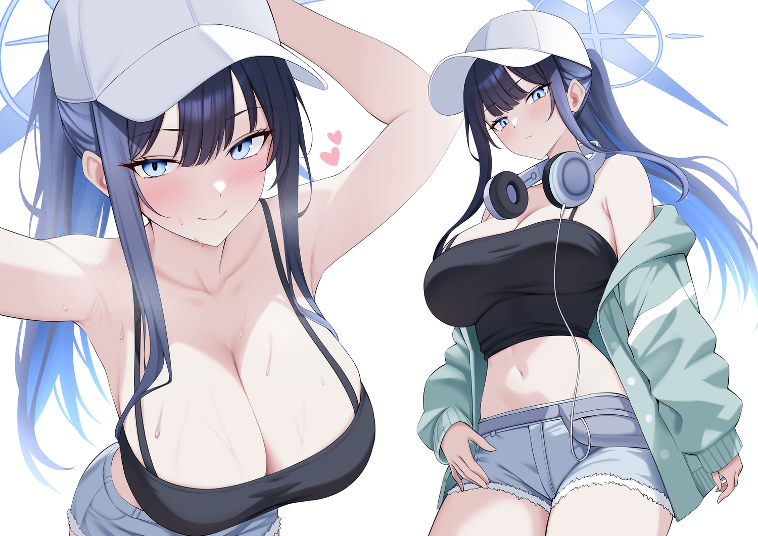 black_hair, blue_archive, blue_eyes, blush, breasts, cleavage, close, espada_gcon, halo, hat, headphones, heart, hood, joumae_saori, long_hair, navel, ponytail, shorts, wet