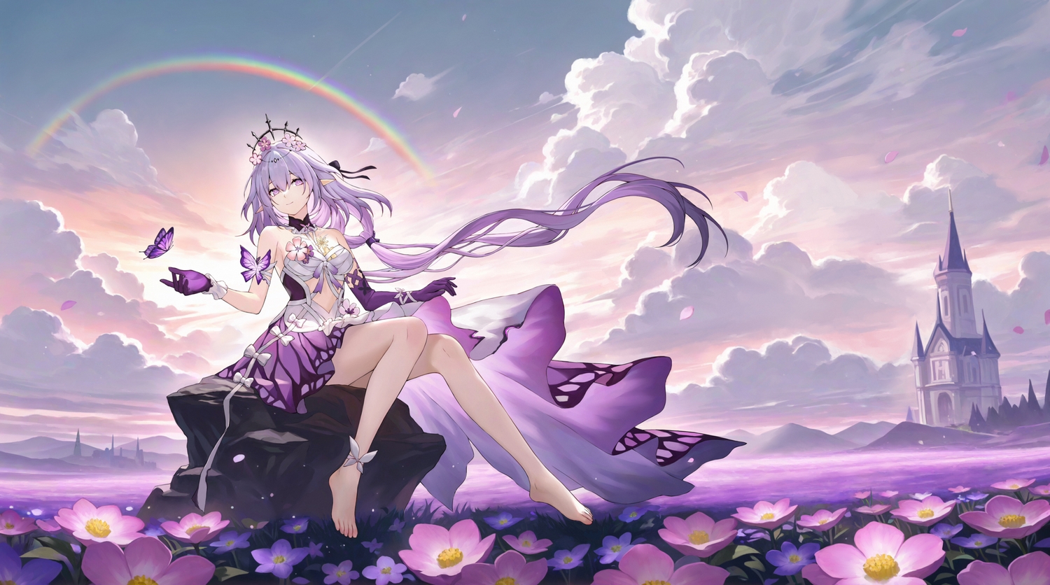 barefoot, bow, building, butterfly, castorice_(honkai:_star_rail), choker, clouds, dress