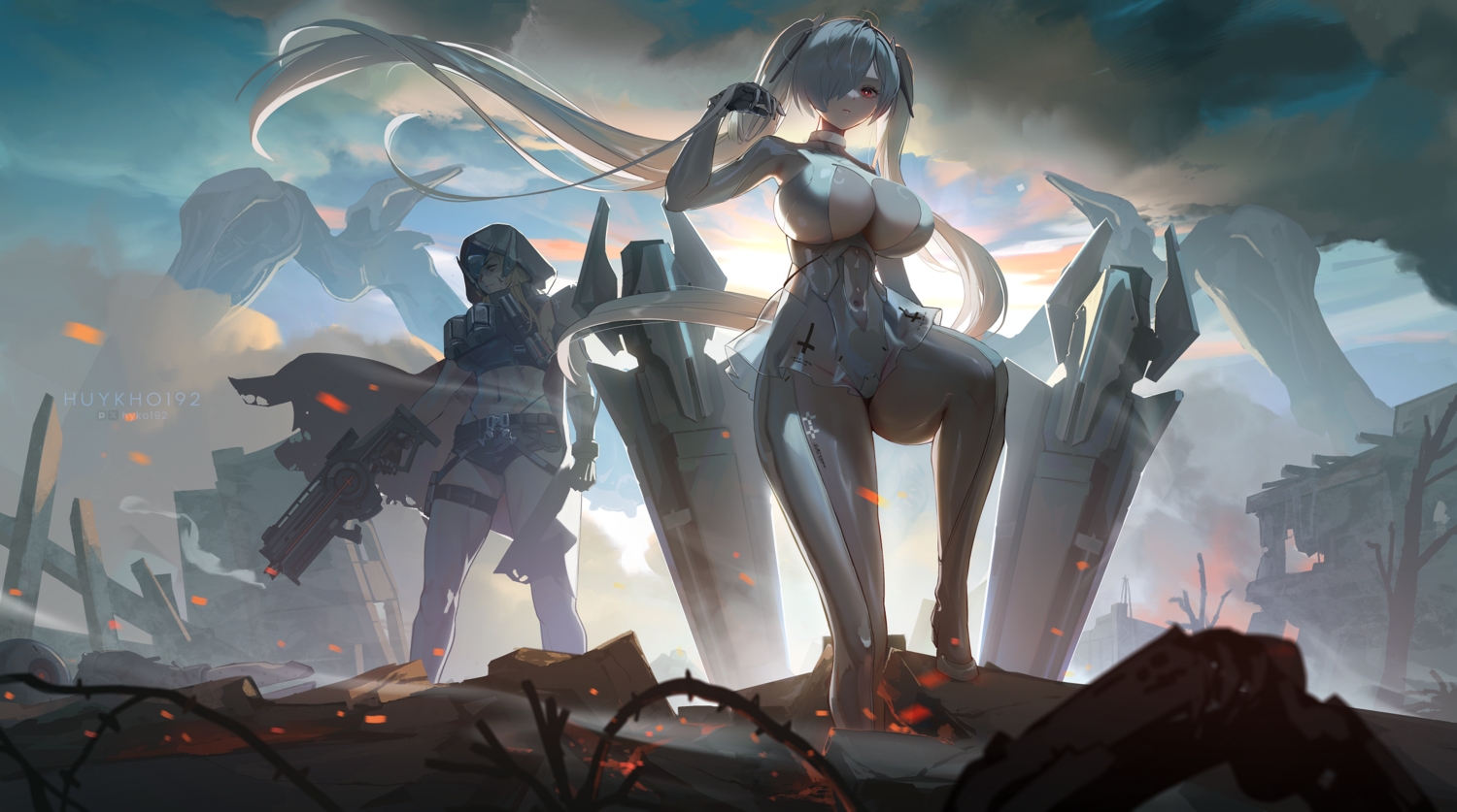 2girls, aliasing, armor, blonde_hair, blue_eyes, bodysuit, breasts, cape