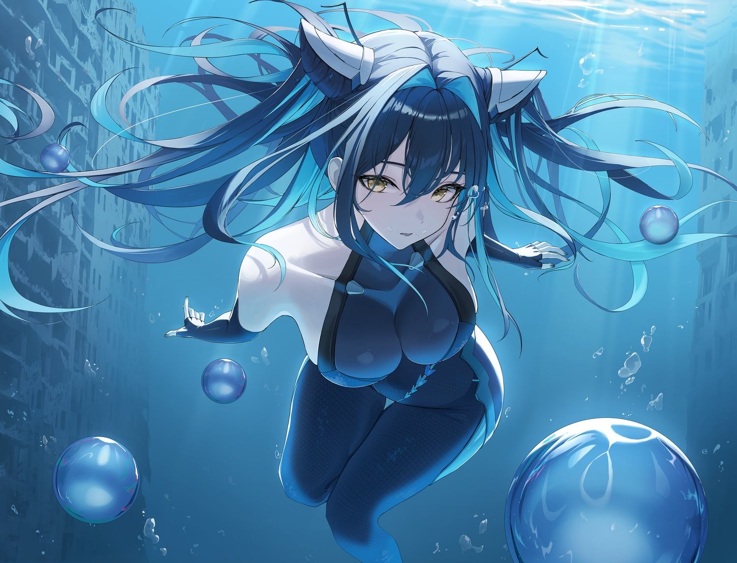 black_hair, blue, bodysuit, breasts, bubbles, building, close, elbow_gloves