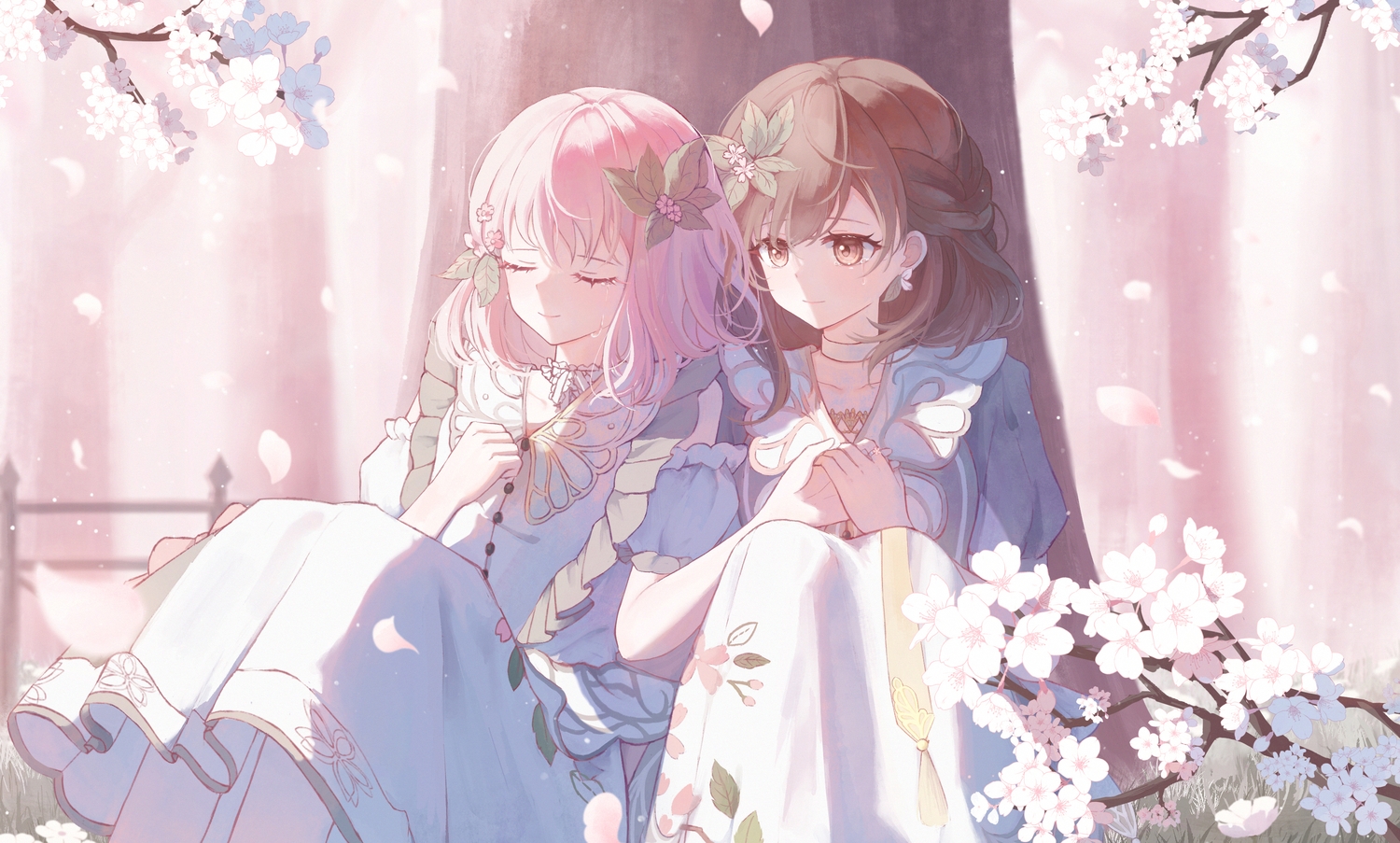 akiyama_mizuki, bow, brown_eyes, brown_hair, cherry_blossoms, choker, crying, dress, flowers, grass, petals, pink_hair, project_sekai, shinonome_ena, short_hair, spring, tears, tree, yuuneka