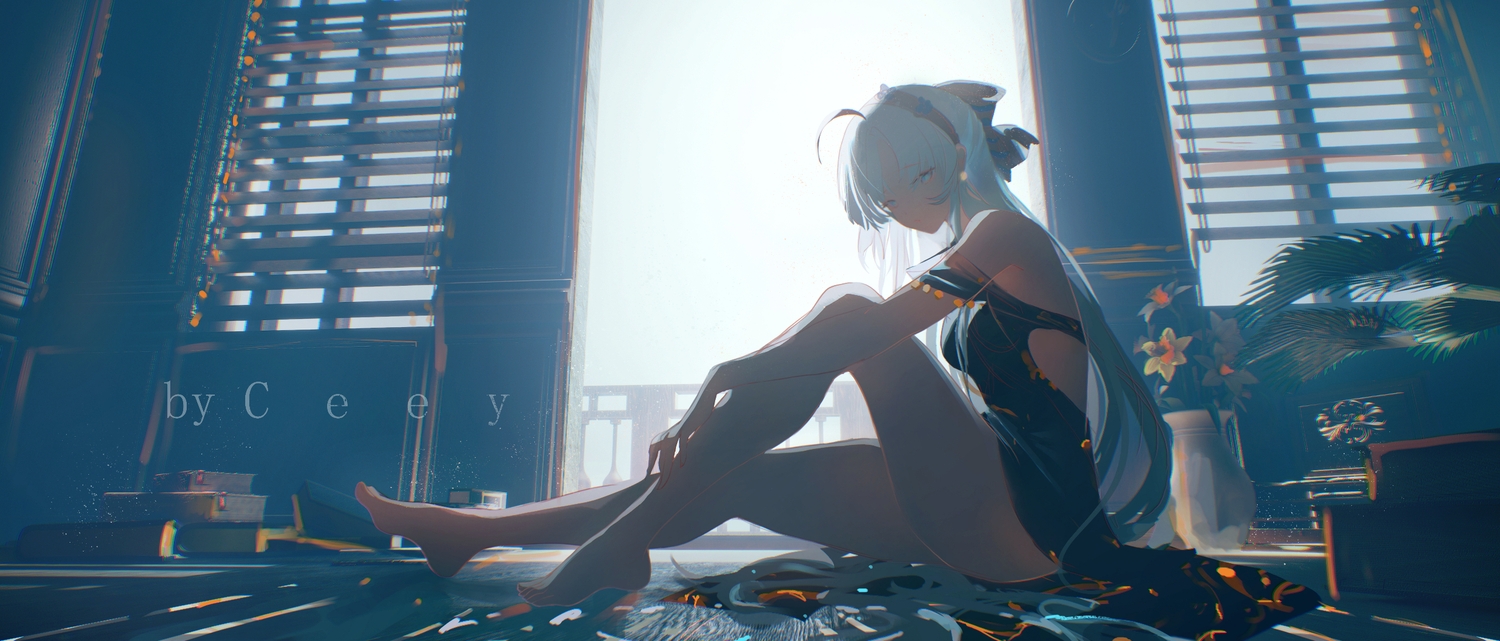 3d, barefoot, blue_eyes, book, bow, carlotta_(wuthering_waves), ceey, dress
