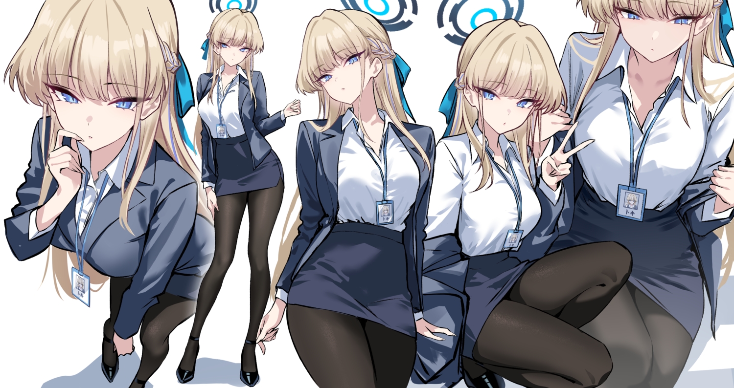 asuma_toki, blonde_hair, blue_archive, blue_eyes, bow, braids, halo, long_hair, pantyhose, ribbons, shigure_s, shirt, skirt, white