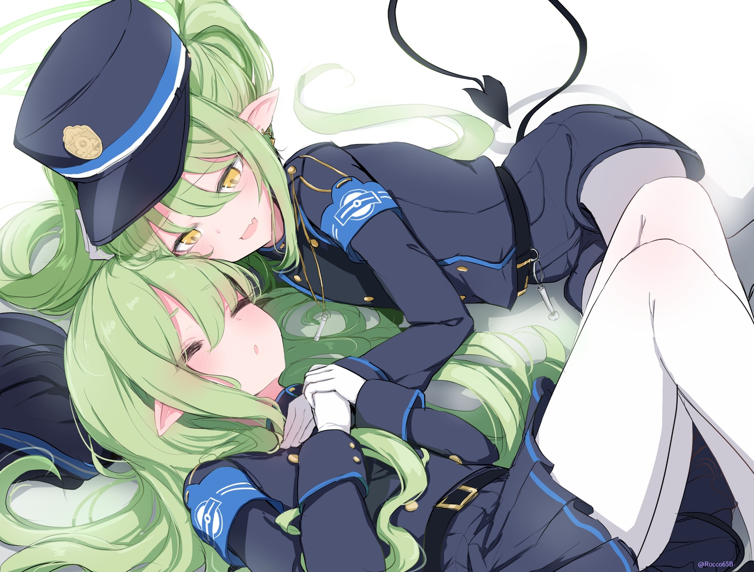 2girls, blue_archive, blush, fang, gloves, green_eyes, hat, loli