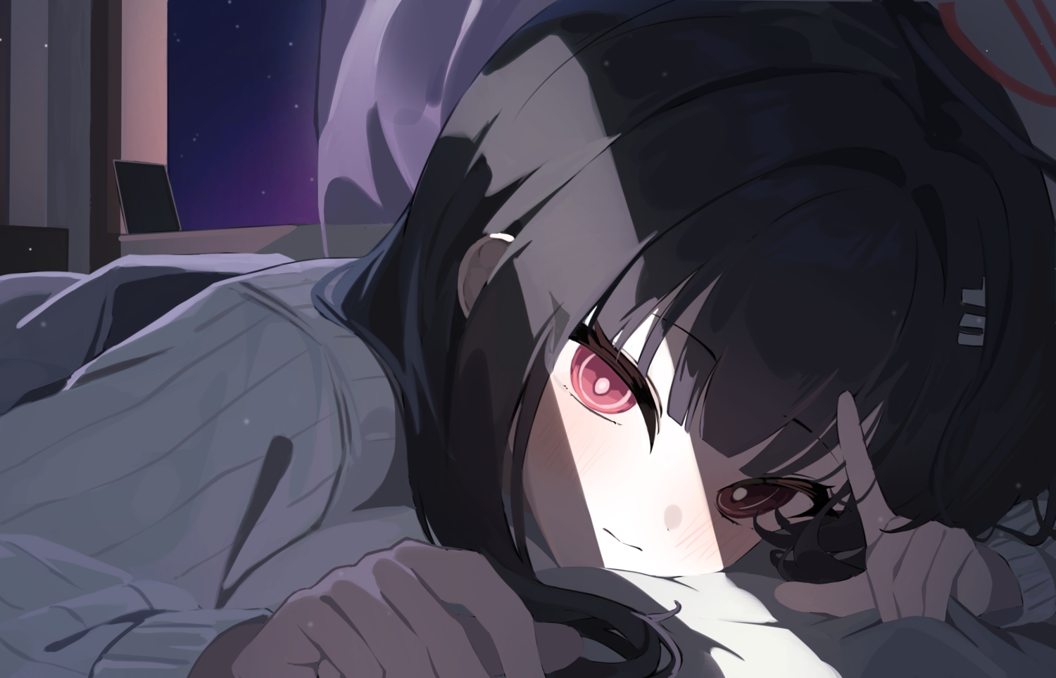 bed, black_hair, blue_archive, blush, close, dark, halo, k_cyp, night, red_eyes, sky, tsukatsuki_rio