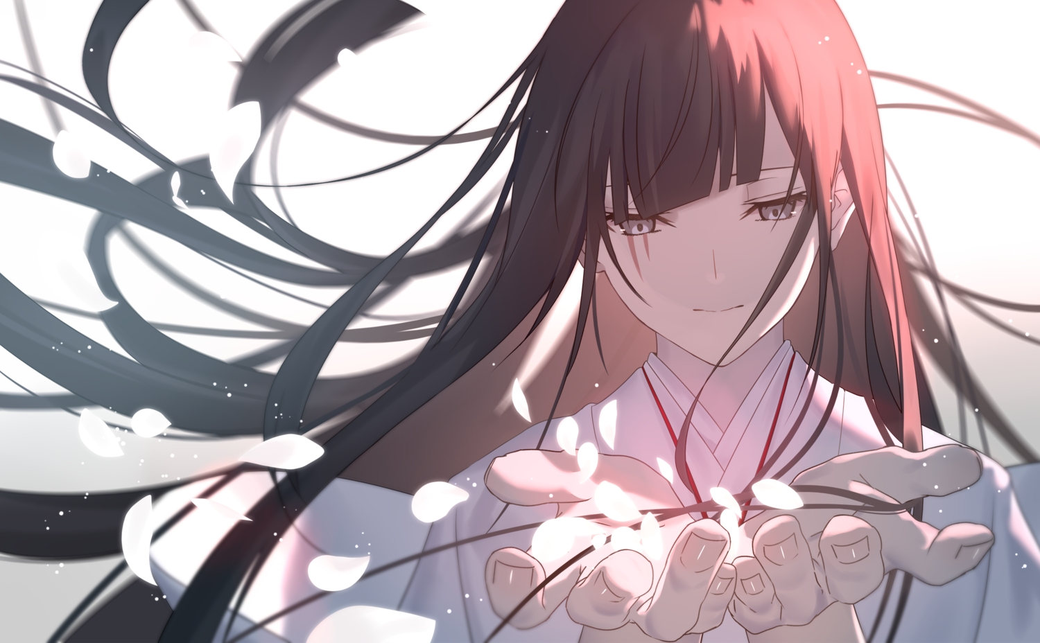 brown_hair, close, fate/grand_order, fate_(series), gray_eyes, japanese_clothes, kimono, kurohime_(fate), long_hair, mashima_saki_(mashimasa), petals, scar