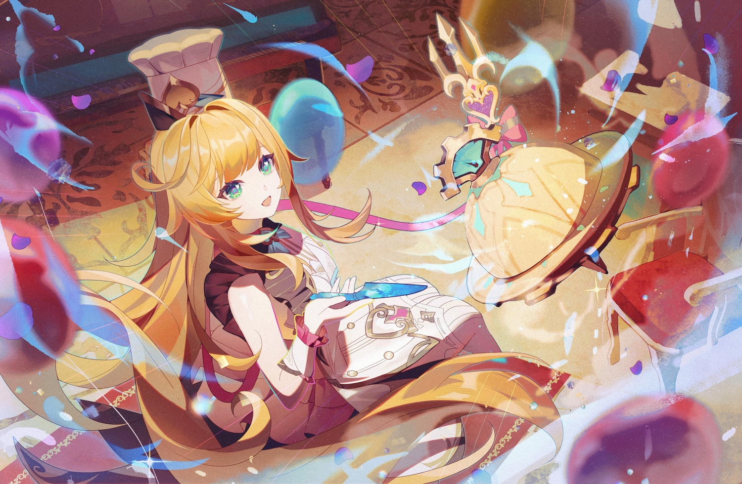 catmelon_(user_melon010203), dress, escoffier_(genshin_impact), genshin_impact, green_eyes, hat, knife, long_hair