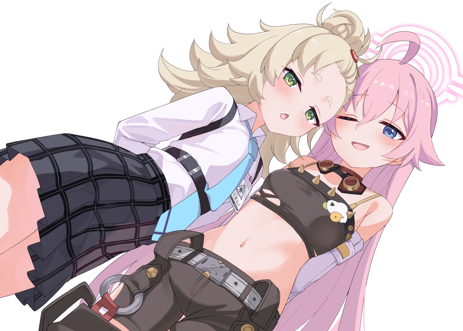 2girls, blue_archive, blue_eyes, blush, brown_hair, cosplay, crossover, feza_chen_(ushaku)