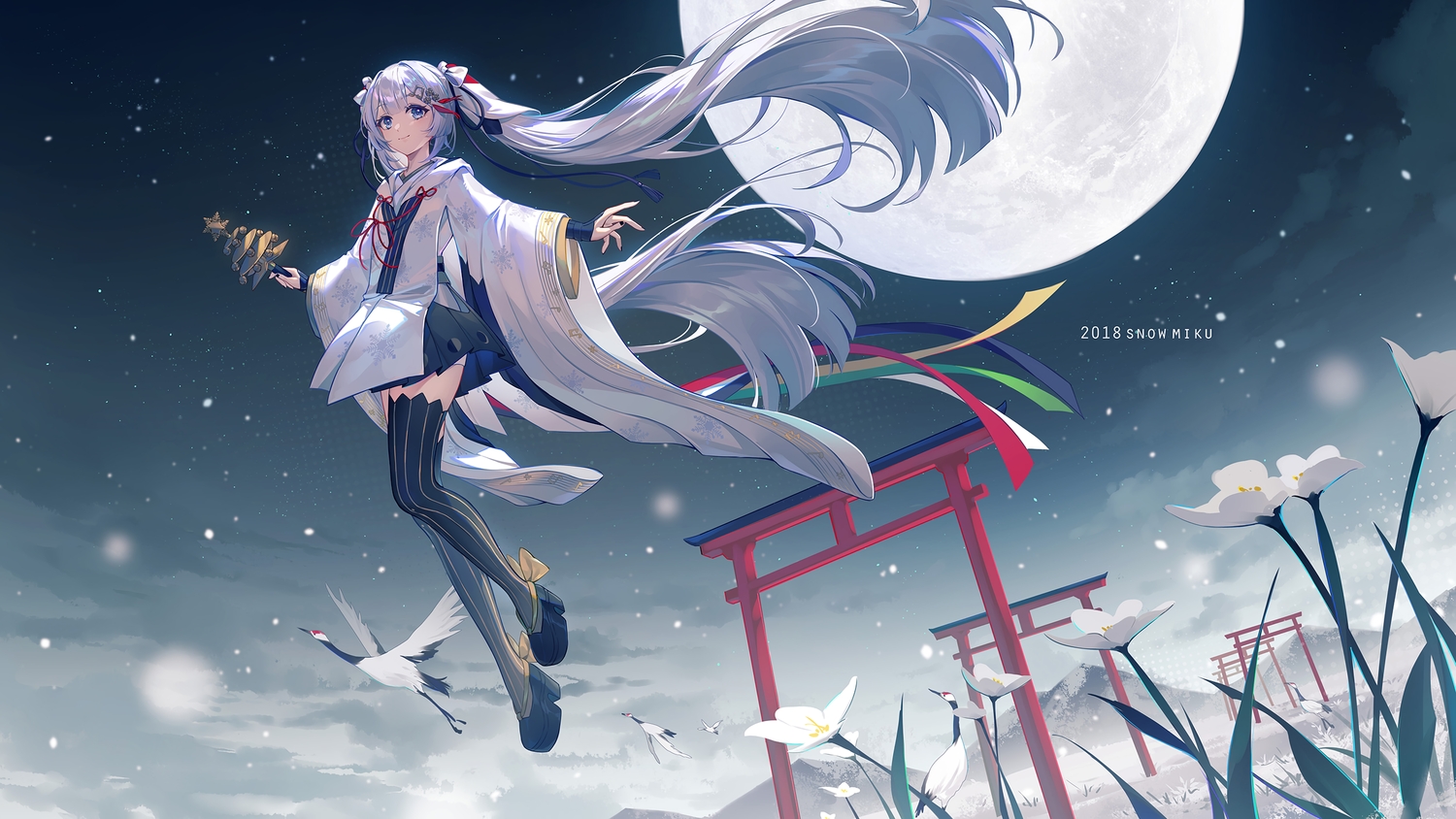 animal, bell, bird, blue_eyes, bow, flowers, grass, gray_hair