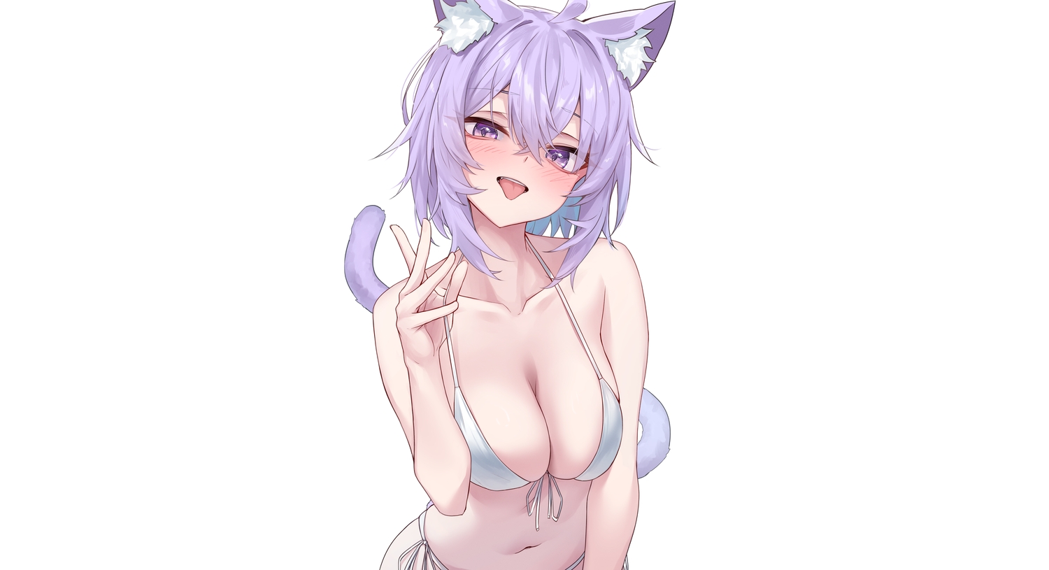 animal_ears, bikini, blush, breast_hold, breasts, catgirl, cleavage, fang, hololive, navel, nekomata_okayu, purple_eyes, purple_hair, rei_(9086), short_hair, swimsuit, tail, third-party_edit, white