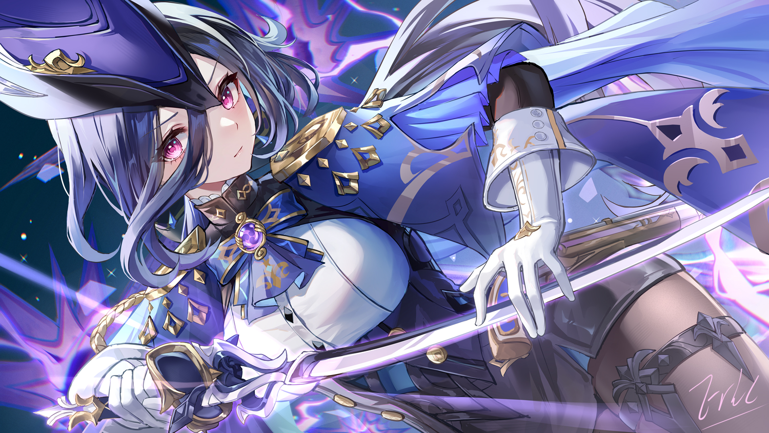 black_hair, blush, clorinde_(genshin_impact), elbow_gloves, eric_(tianqijiang), garter, genshin_impact, gloves