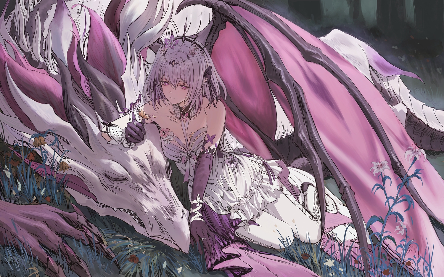 bow, castorice_(honkai:_star_rail), dragon, dress, elbow_gloves, flowers, gloves, gold_can