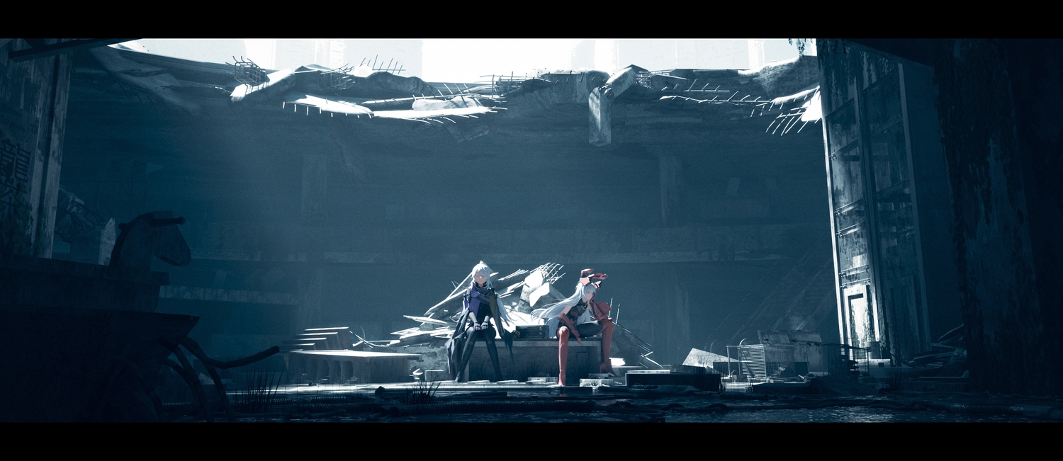 2girls, animal_ears, armor, bodysuit, building, bunny_ears, girls_frontline, girls_frontline_2, gloves, kana_kana_(qq1414933589), krolik_(girls_frontline_2), long_hair, nemesis_(girls_frontline_2), red_eyes, ruins, scenic, white_hair