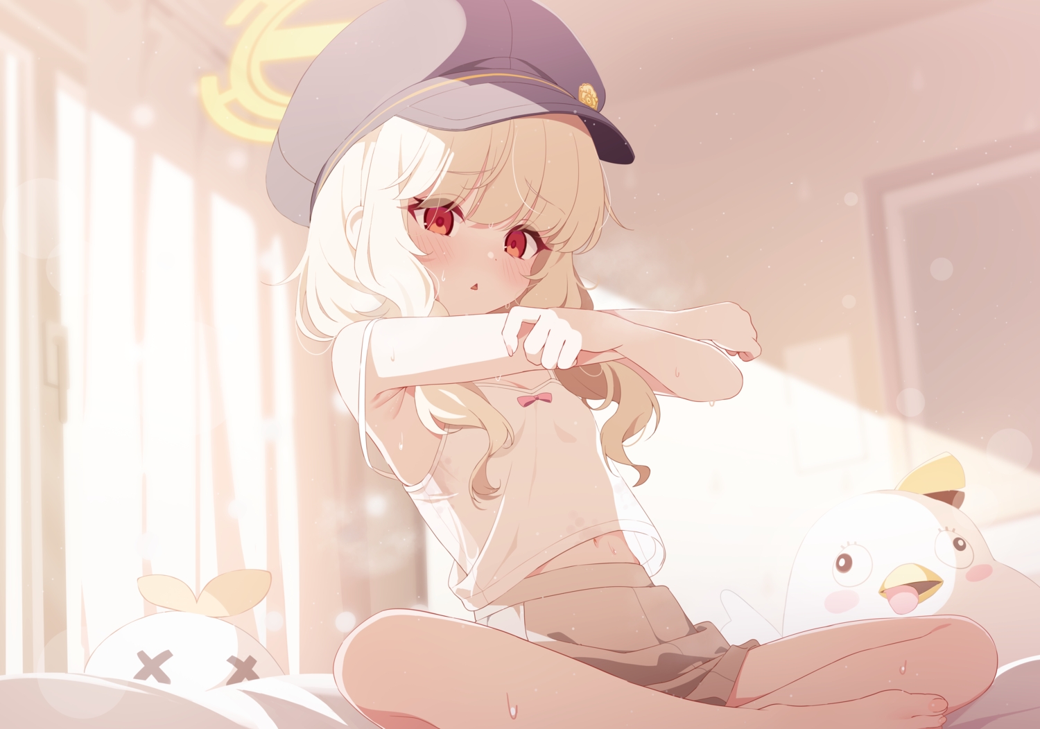 barefoot, blonde_hair, blue_archive, blush, deyui, flat_chest, halo, hat