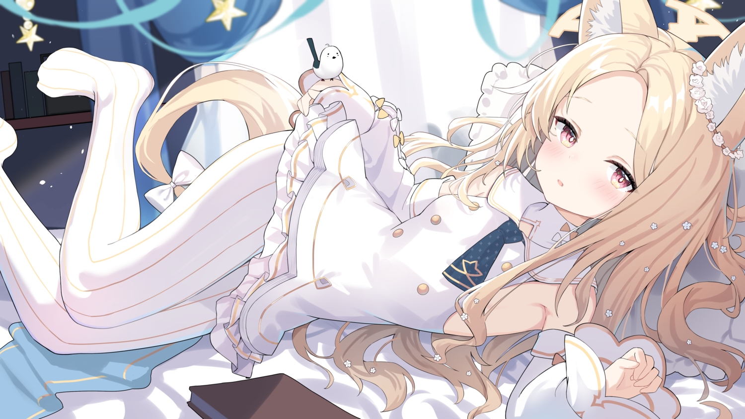 animal, animal_ears, bed, bird, blonde_hair, blue_archive, blush, book