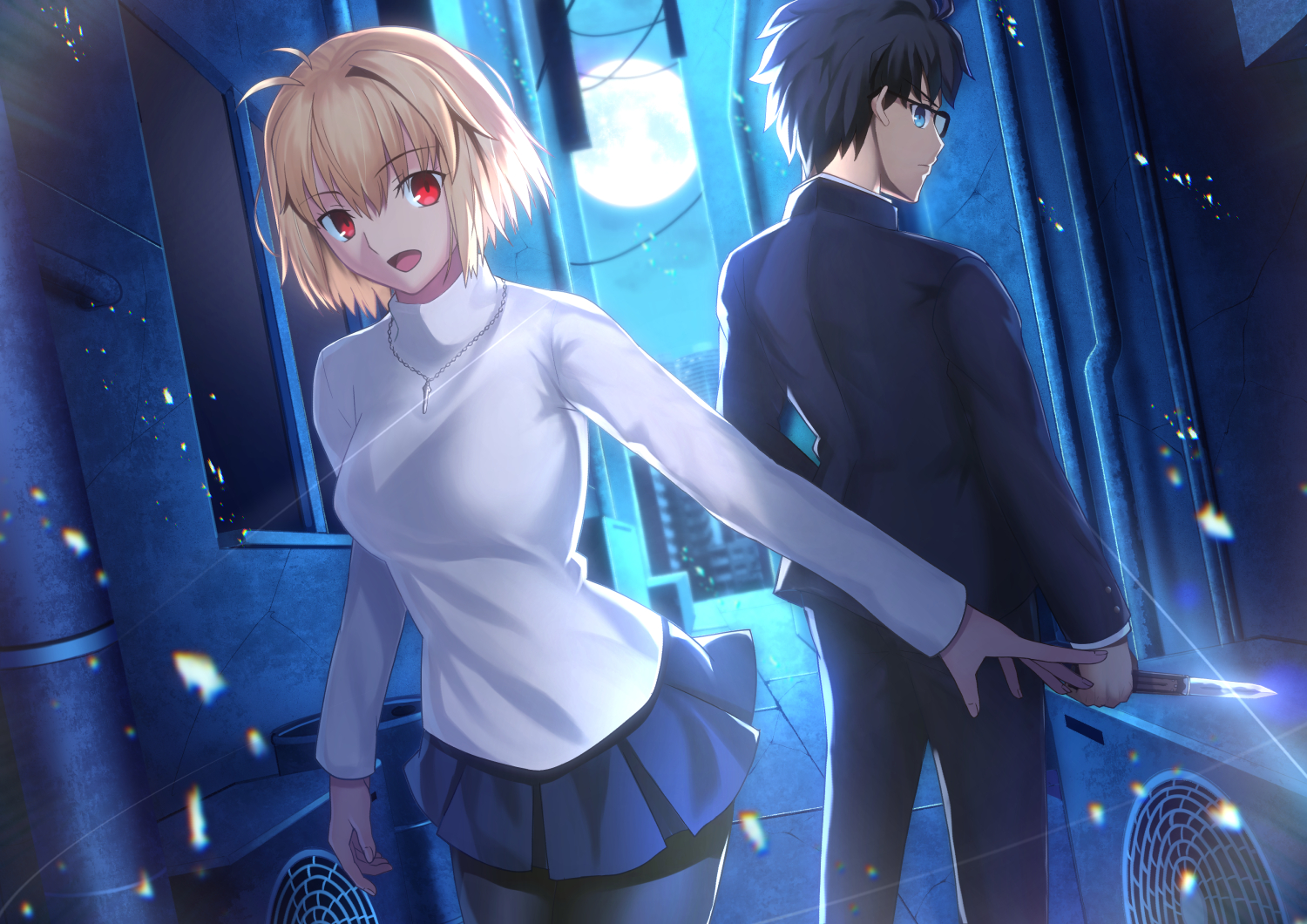 arcueid_brunestud, black_hair, blonde_hair, blue_eyes, building, city, glasses, knife