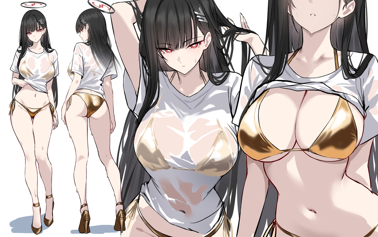 ass, bikini, black_hair, blue_archive, breasts, cleavage, close, halo