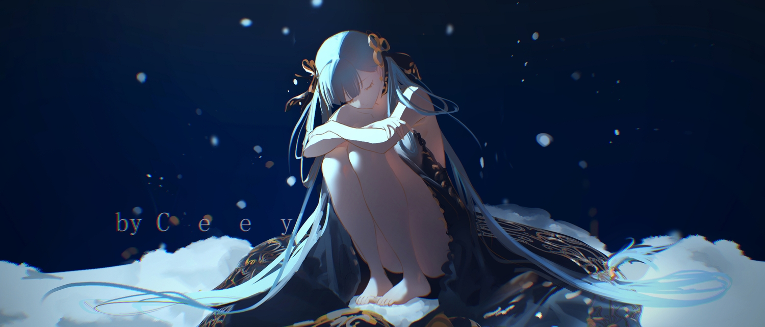 aliasing, barefoot, ceey, dress, gray_hair, jinhsi_(wuthering_waves), long_hair, polychromatic
