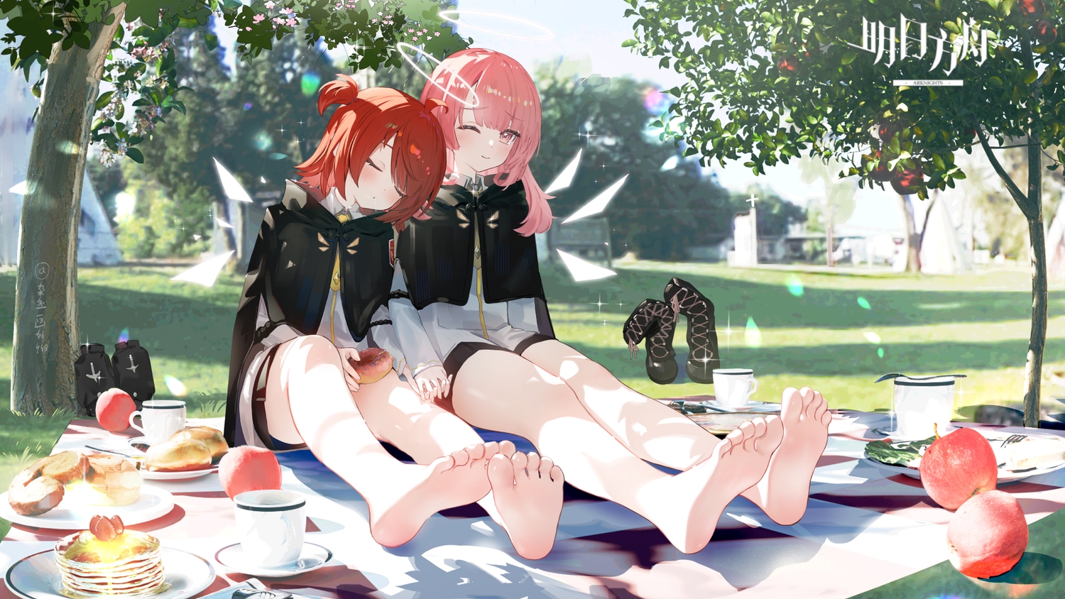 2girls, aliasing, apple, arknights, barefoot, blush, cape, drink, exusiai_(arknights), food, fruit, grass, halo, hood, lemuen_(arknights), logo, long_hair, pink_eyes, pink_hair, ponytail, red_hair, shirt, short_hair, shorts, shoujo_ai, sleeping, strawberry, tears, tree, uniform, wings, zayur