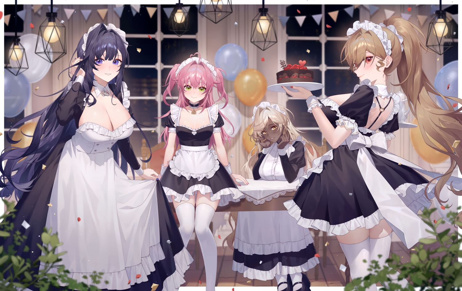 apron, black_hair, blonde_hair, bow, breasts, brown_hair, cake, chocolate